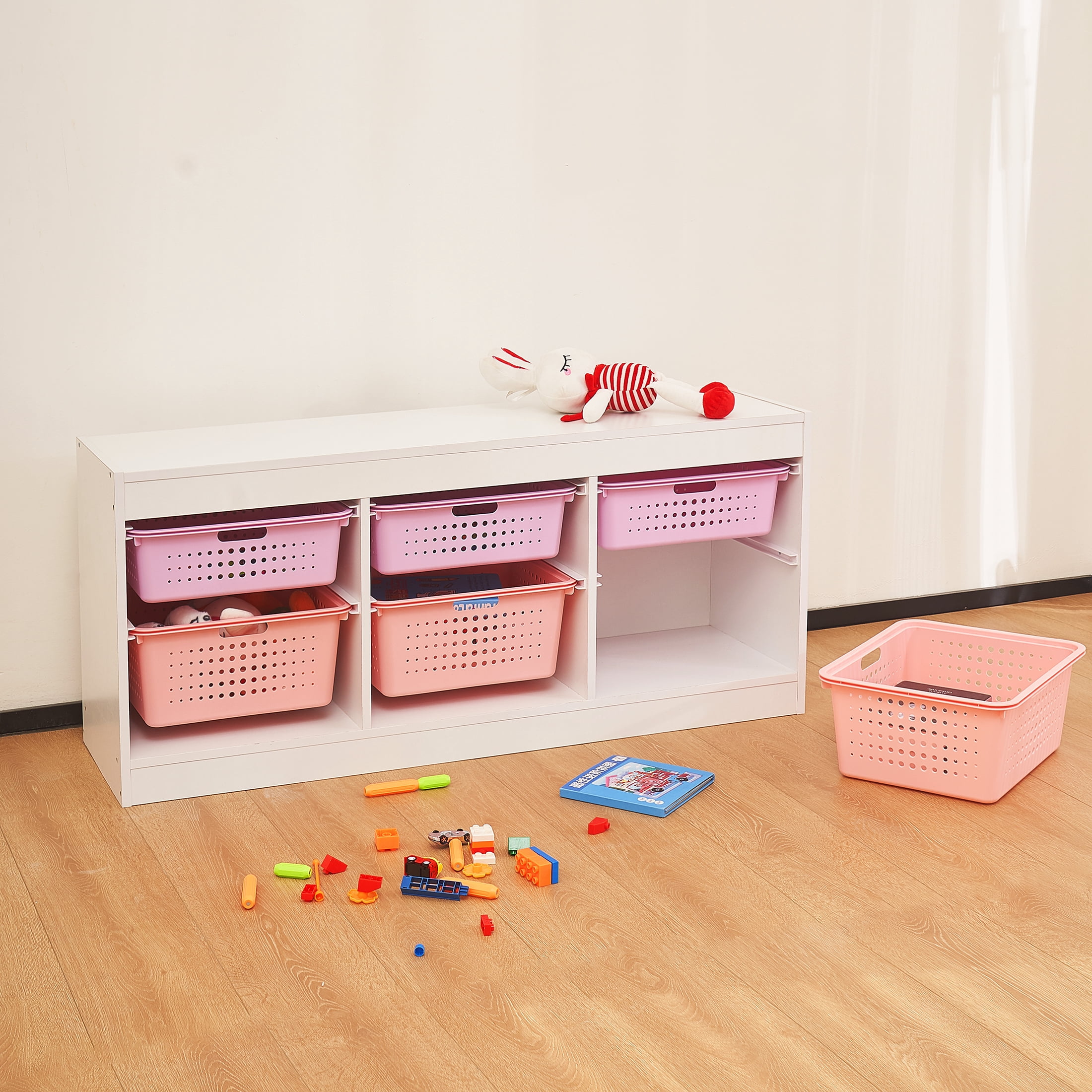Your Zone Wooden Kids Horizontal Sliding Bin Organizer with 6 Storage Bins, Pink, Age 3+