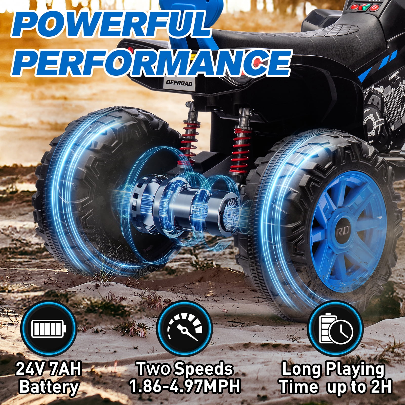 MUKIDY 24V Kids ATV 4-Wheeler, 24 Volt Ride on Toy for 3-8 Kid w/ 2x200W Motor, 5Mph Max Speed - Blue