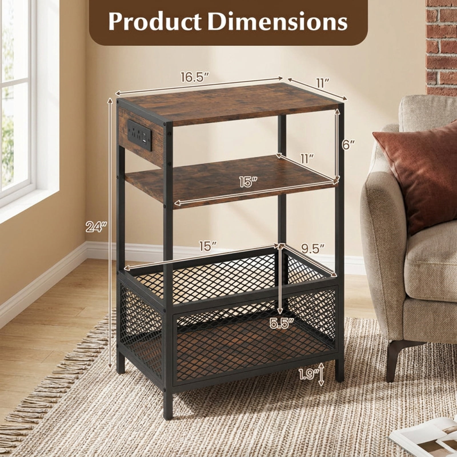 Furnibear 3 Tier Industrial Side Table with 2 AC Outlets USB and Type-C Ports and Metal Frame for Living Room Bedroom Home Office, Rustic Brown