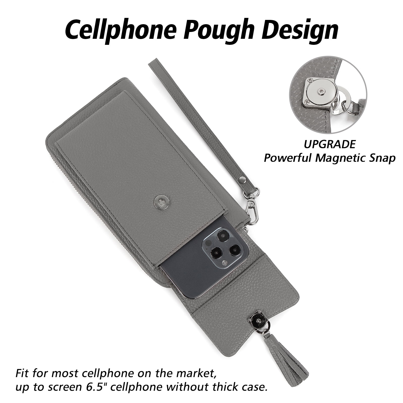 Pearl Angeli Women's Leather Mobile Phone Crossbody Cell Phone Bag RFID (Grey)