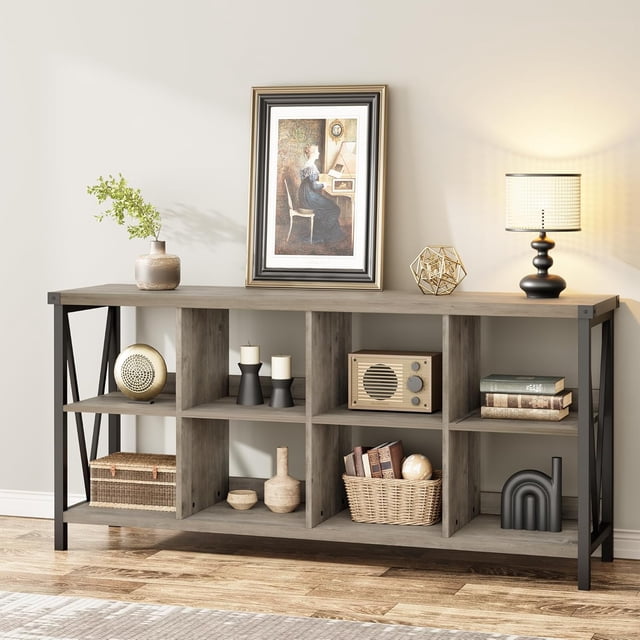 8-Cube Bookshelf, 62" Long 3 Tier Console Table, Industrial Storage Bookcase, Freestanding Open Book Shelves for Bedroom
