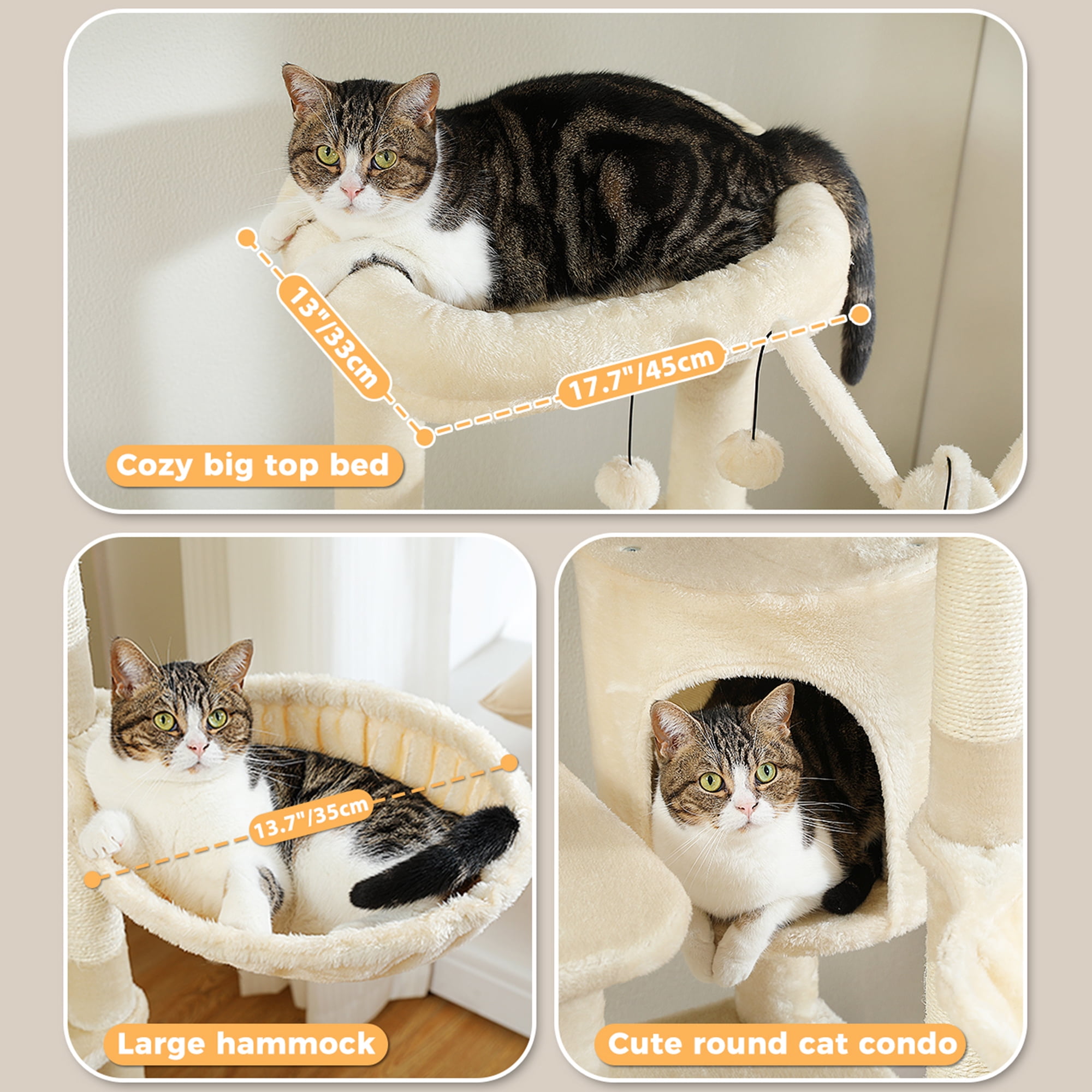 Pefilos 59" Multi-Level Cat Tree House with Large Hammock, Scratching Post, 2 Perches, Cat Tower with 3 Removable Pompom Sticks, Cat Condo, Beige Pefilos 59" Multi-Level Cat Tree House with Large Hammock, Scratching Post, 2 Perches, Cat Tower with 3 Removable Pompom Sticks, Cat Condo, Beige