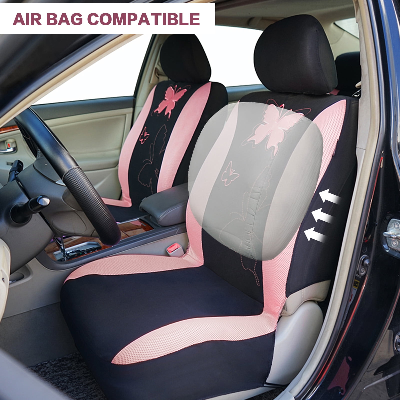 OTOEZ Butterfly Car Seat Cover, Breathable Cloth 5 Seats Full Set for Front & Rear Seat Protector, Universal fit Most Honda Toyota Chevy Ford Nissan Truck SUV, Pink