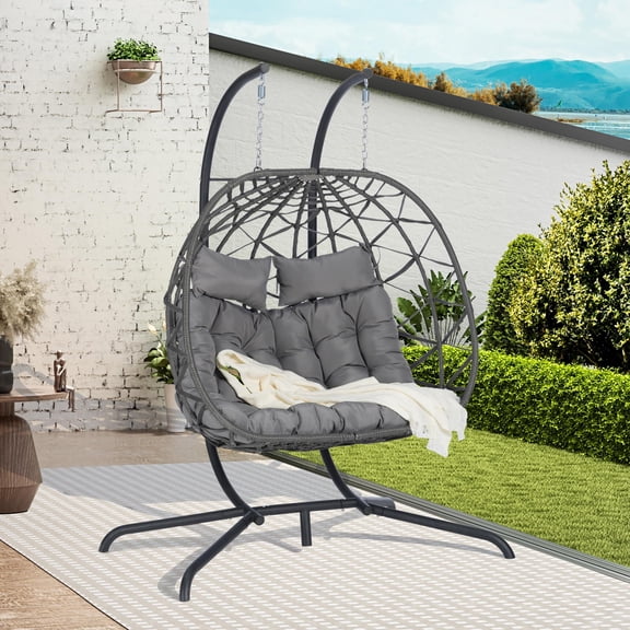 SEGMART 2-Person Hanging Swing Chair with Stand, Double Hanging Egg Chair with Cushion and Pillow, Foldable Wicker Rattan Patio Basket Hanging Chair for Indoor Outdoor Garden, Light Gray