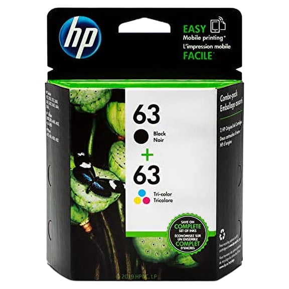 HP 63 Black & Tri-color Ink Cartridges, 2 Cartridges (F6U61AN, F6U62AN) for HP Deskjet 1112 2130 2132 3630 3632 3633 3634 3636 3637 HP ENVY 4512 4513 4520 4523 4524 HP Officejet 3830 3831 3833 4650