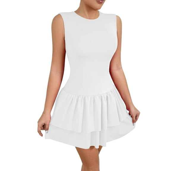 biudgviw Cocktail Dresses for Women A Line Sleeveless Crewneck Mini Dress Ruffle Hem Casual Tiered Dress Party Club Outfits