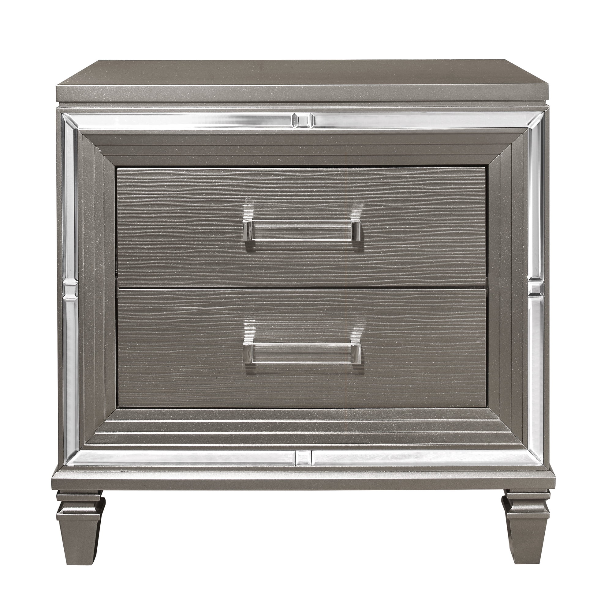 Kanepe Nightstand with Mirror & 2 Drawers, Glam Bedroom Side Table, Silver-Gray Wood, 30" H x 17.5" W