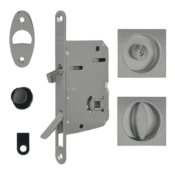 AGB Scivola Tre Sliding Pocket Door Lock Case Privacy (WC) w/ Square Pull Handles, Matte Chrome