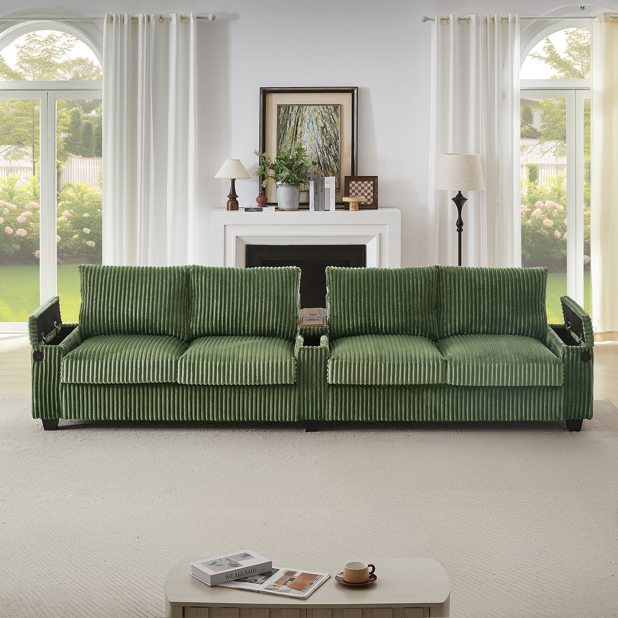 133" Modern Sofa,4-seater Corduroy Sofa Couch with USB Ports,Hidden Storage Arms, Flip-Top Cup Holders for Living Room,Green