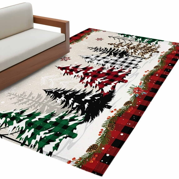 Christmas Tree Area Rug 3x5 FT, Non Slip Entryway Bedside Carpet, Red Black Plaid Xmas Snowflake Washable Soft Floor Carpet Indoor Mat Non-Shedding Throw Rug for Dorm Kitchen Home Office