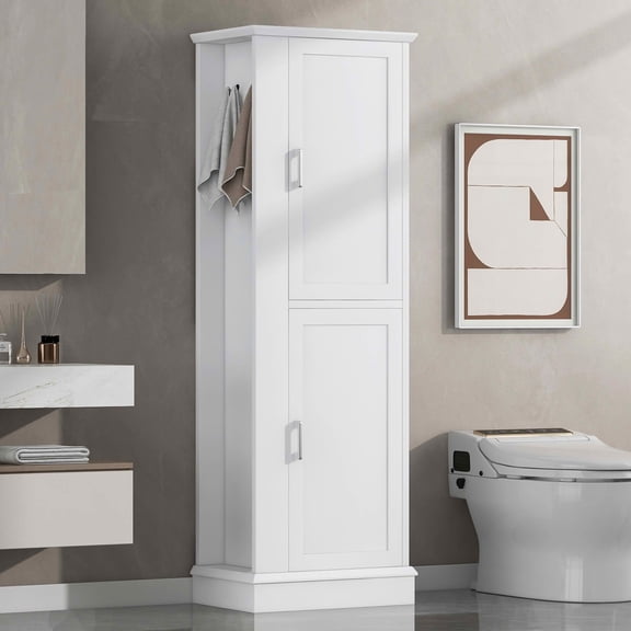 MAYEERTY Tall Bathroom Cabinet Freestanding Hook Adjustable Shelf MDF White