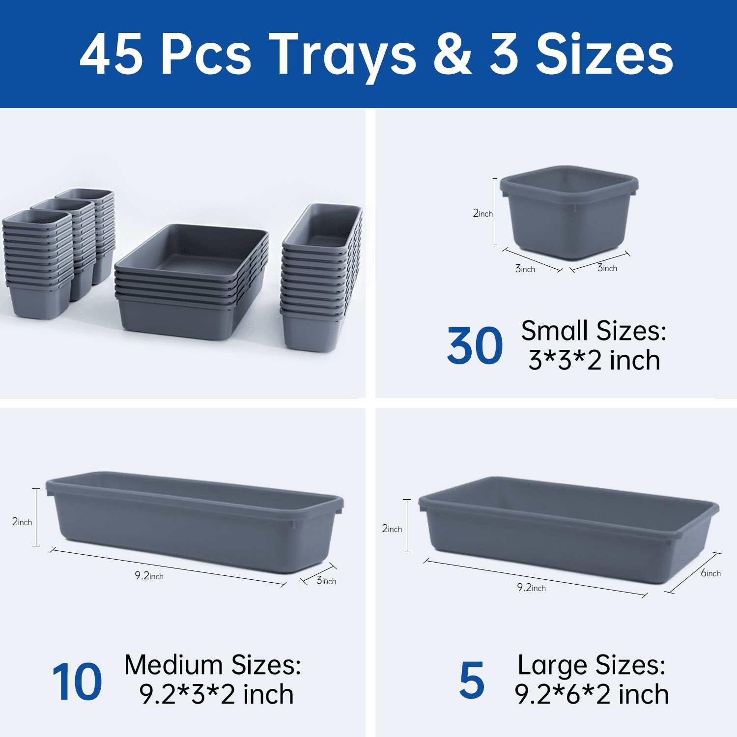 HAIDAIYA 45 Pack Drawer Organizer Trays Set, 3 Sizes Plastic Divider Storage Bins for Desk, Makeup, Tool Box, Jewelry (Grey)