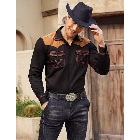 COOFANDY Mens Shirt Western Cowboy Embroidered Long Sleeve Slim Fit Casual Cotton Button Down Hippie with Pockets
