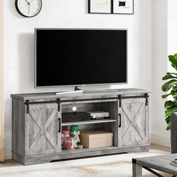 Modern Farmhouse TV Stand for 65 inch TVs, Sliding Barn Doors Entertainment Center, Adjustable Shelf Media Console, Grey