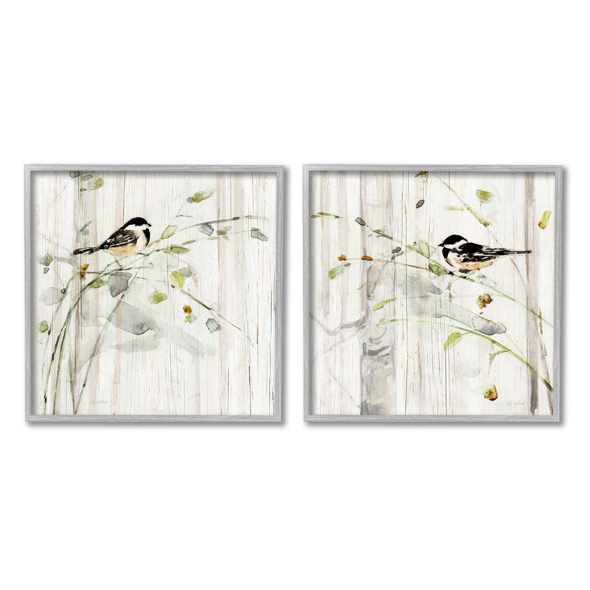 Stupell Industries Perched Birds Country Botanicals Animals & Insects Painting Gray Framed Art Print Wall Art, Set of 2