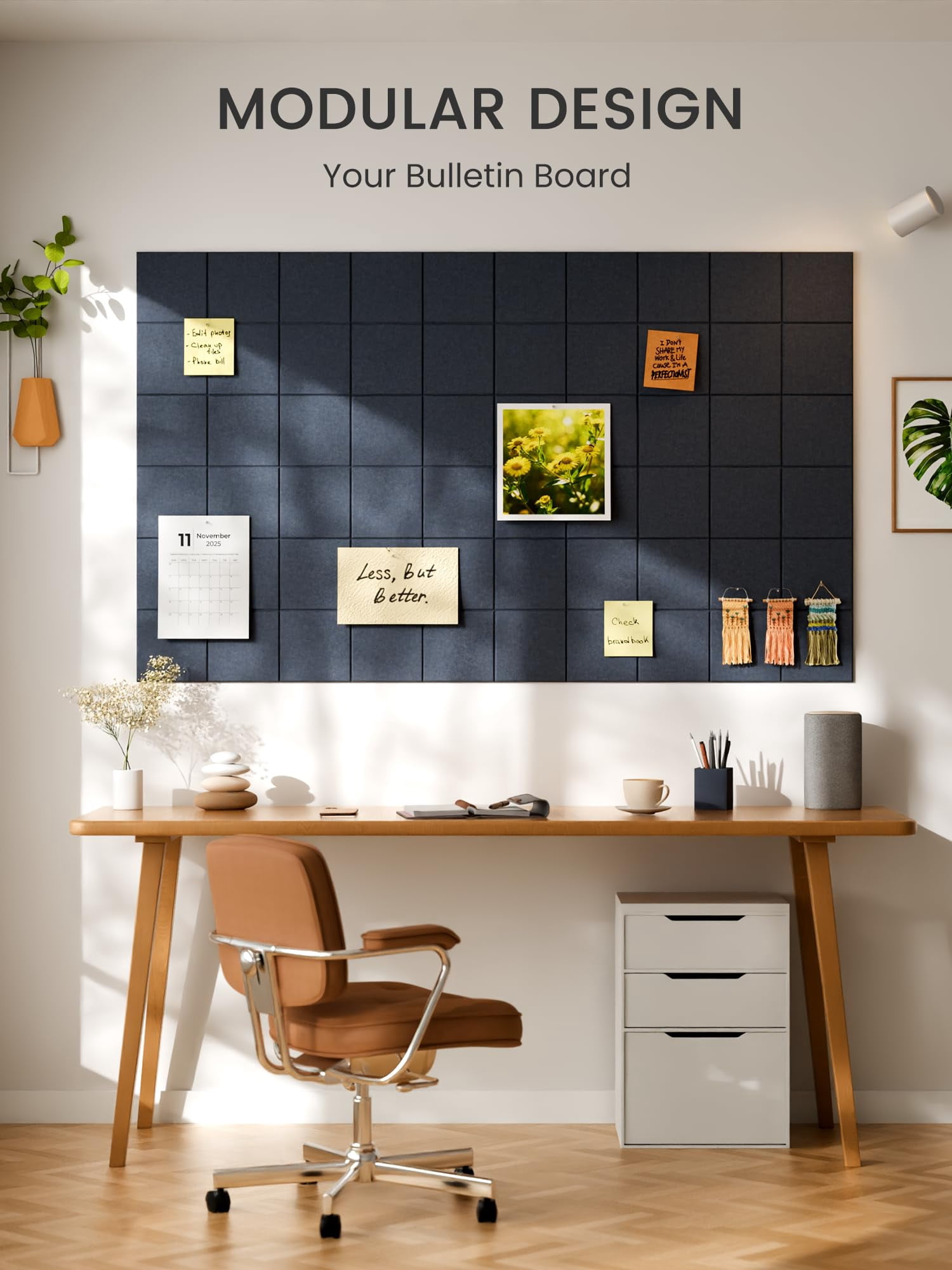 Large Felt Bulletin Board  36" X 24" Cork Alternative 6-pack Wall Tiles With 4-compartment Design 30 Push Pins 40 Adhesive Tabs Ideal For Office & Home Decor Deep Charcoal Blue