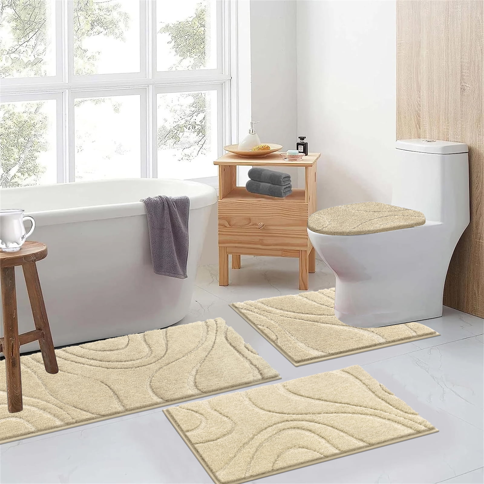 Ileading Bathroom Rugs Sets 4 Piece, Super Soft and Absorbent Non Slip Microfiber Toilet Bathroom Mats