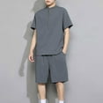 thumbnail image 2 of UVEASISHA Men's 2 Piece Set Linen Blend Button Down Standing Collar Short Sleeve T-Shirt and Elastic Waist Shorts Beach Suit Summer Savings Summer Savings Gray XL, 2 of 6