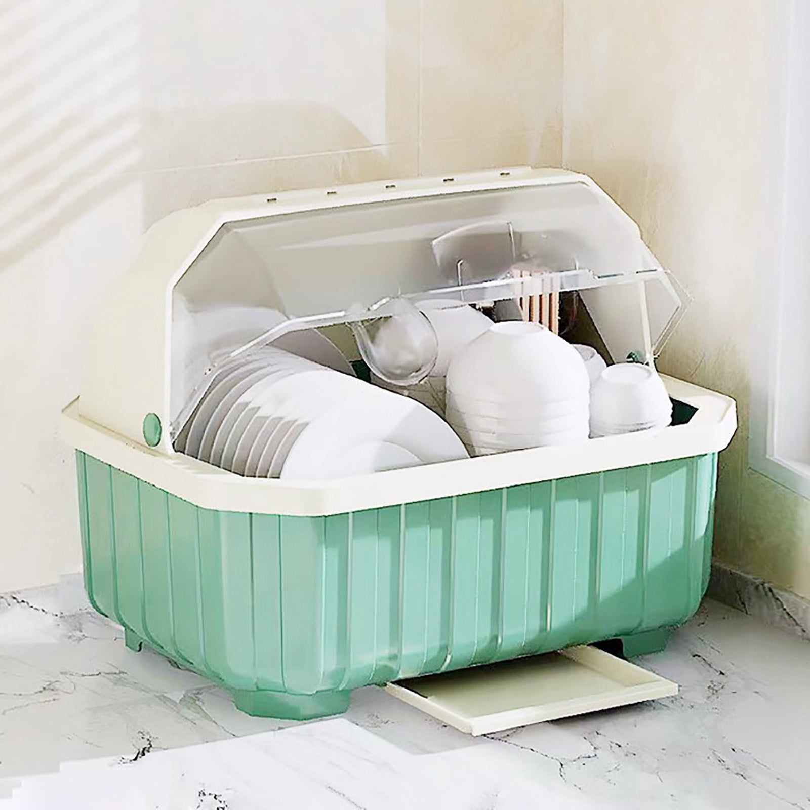 Medium Size Dish Drying Rack and Drain Board with Lid Cover,13.7" x 10.2" x 11",Kitchen Plate Cup Tray Cutlery Drainer(Light Green)