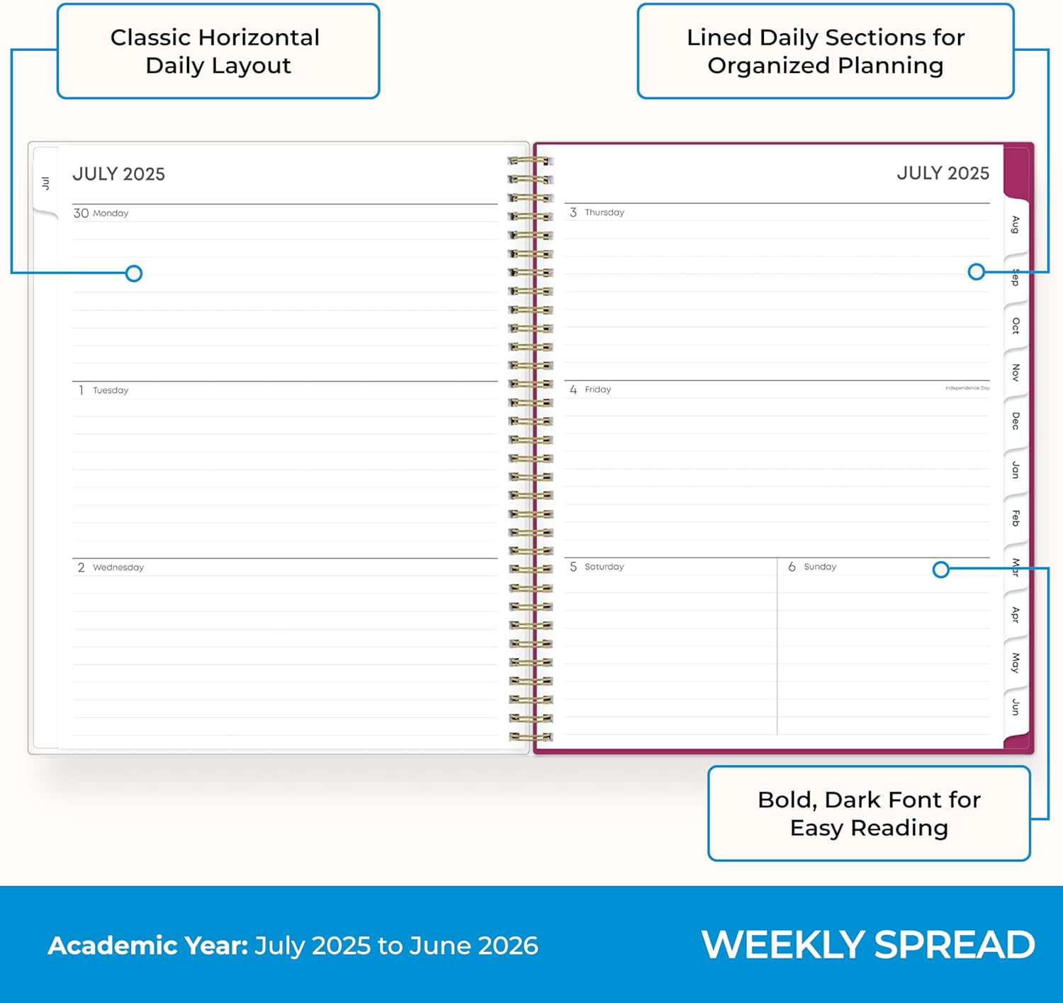 2025-2026 Weekly and Monthly Academic Year Planner Calendar, July 2025 - June 2026, 8.5" x 11", Flexible Cover, Wirebound, Storage Pocket, Laminated Tabs, Mahalo