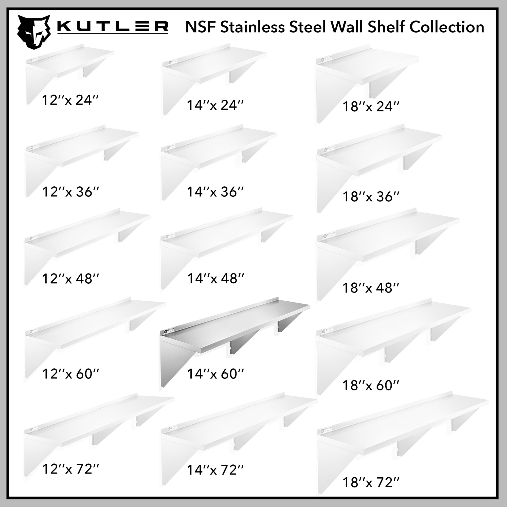 KUTLER 14" x 60" Stainless Steel Shelf, NSF Commercial Wall Mount Shelving w/ Backsplash, Floating Metal Mounted Shelves for Restaurant, Kitchen, Home