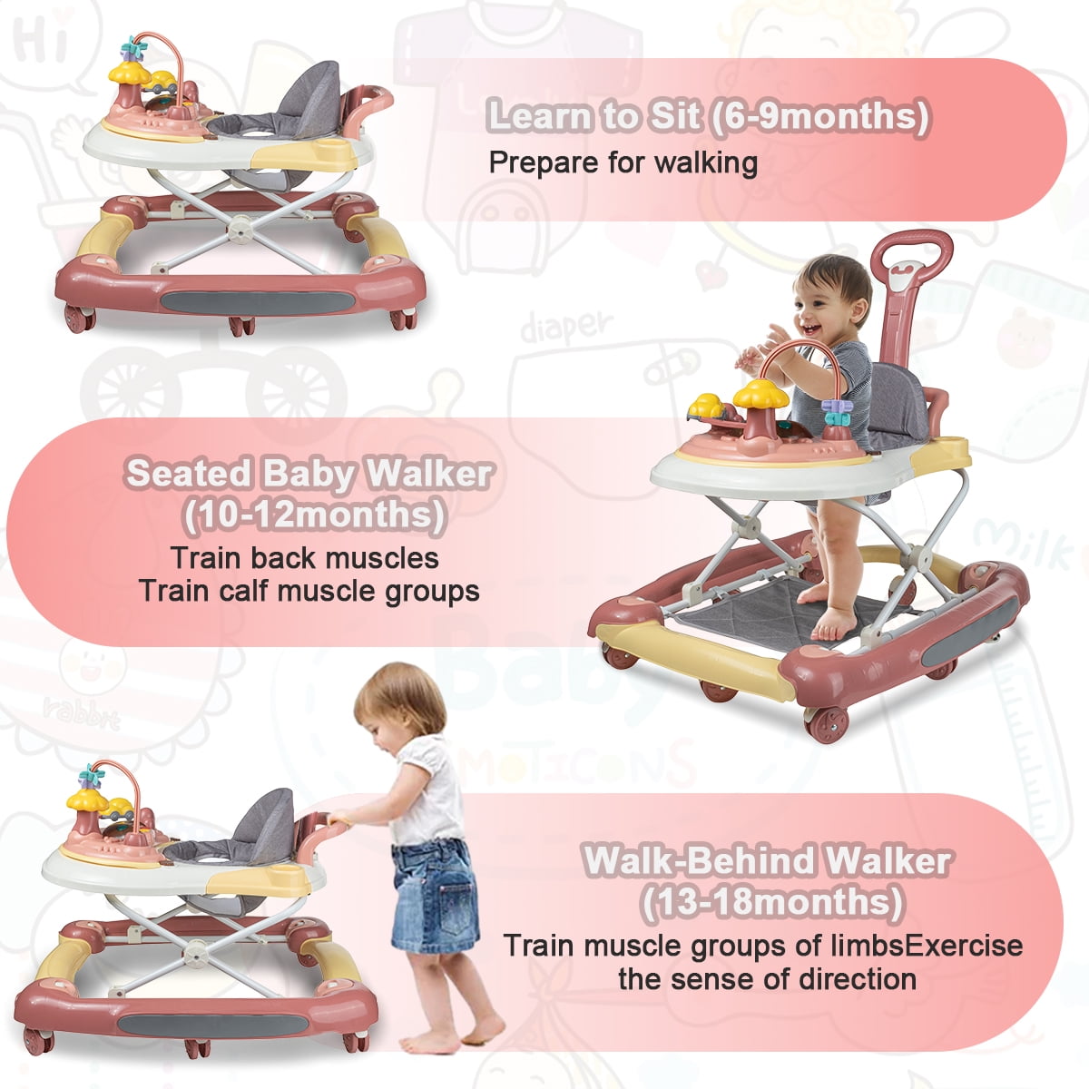 FACNOATIHN 5-in-1 Baby Walker, Musical Activity Push Walker with Detachable Awning Footrest, Adjustable Height, Pink