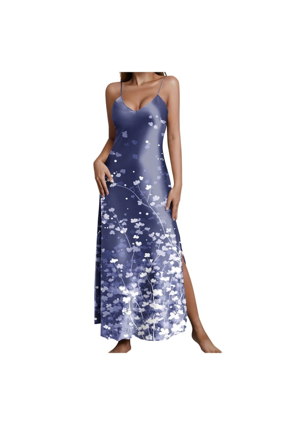 Women's Silky Satin Nightgown Long Slip Sleep Dress V Neck Floral Nightdress Chemise Nightie for Women,L,Blue