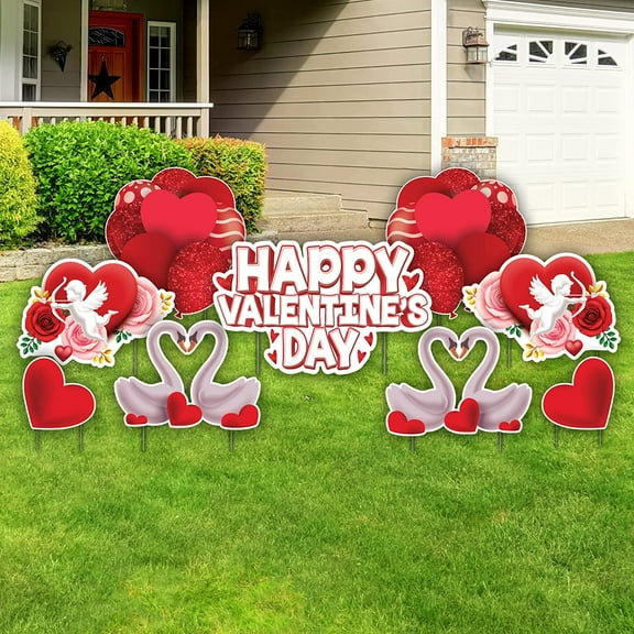 VictoryStore Red Love Swans & Cupid Valentine's Day Yard Card Quick Set, 9 Pieces Total