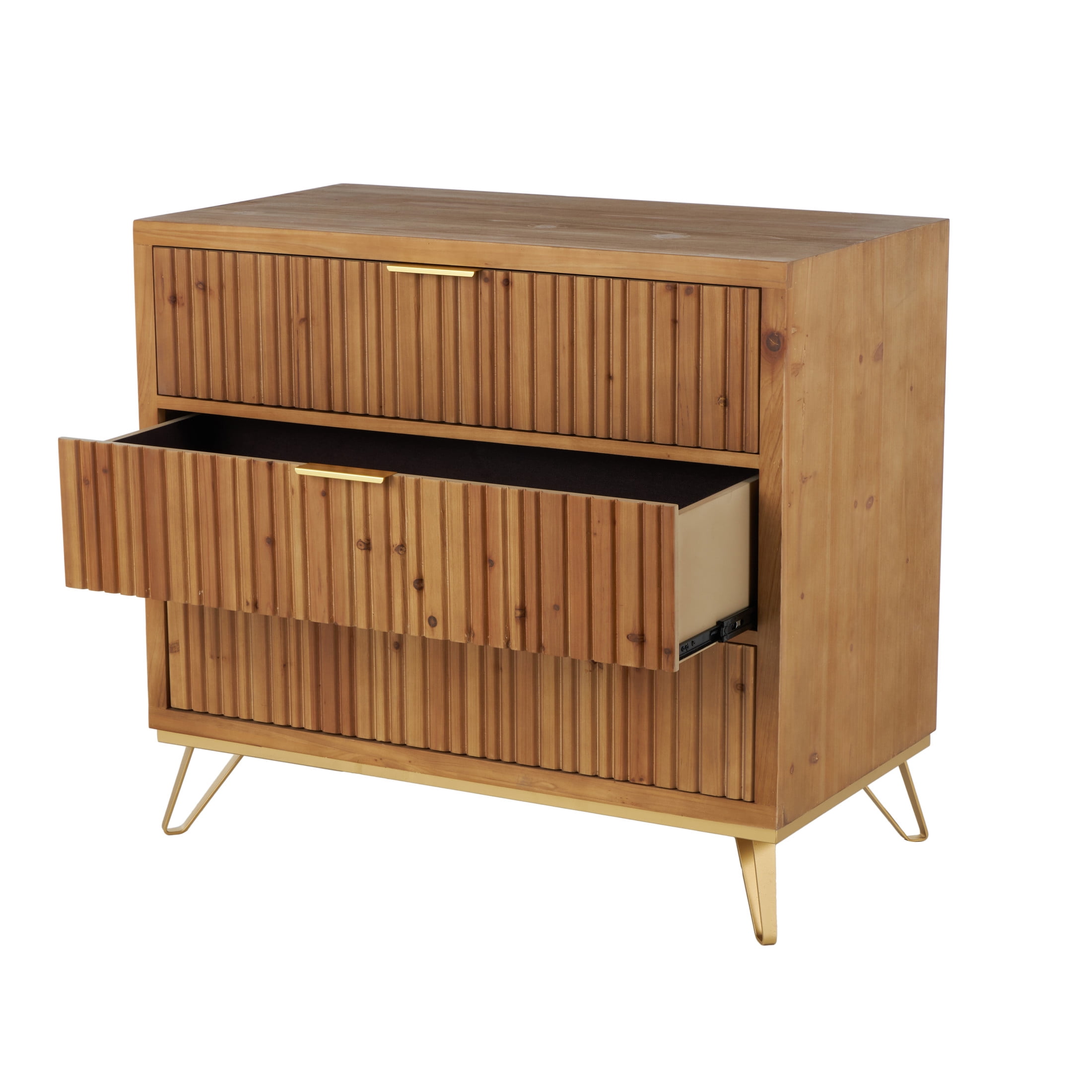 DecMode 36" x 32" Brown Wooden Ribbed 3 Drawer Chest with Gold Handles and Legs, 1-Piece