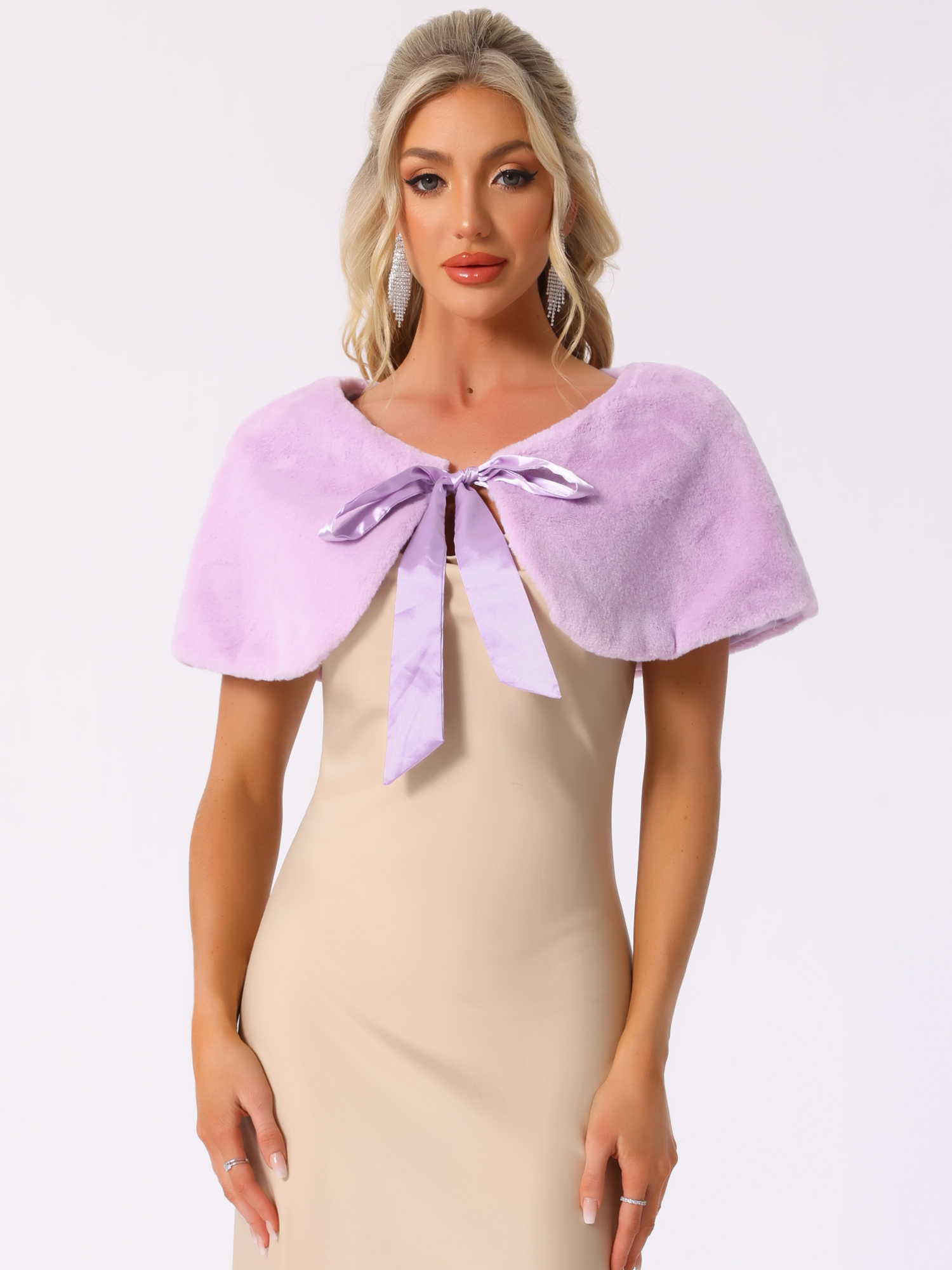DARING DIVA Women's Faux Fur Shawl Bowknot Ribbon Bridal Wrap Stole Shrug XS Light Purple