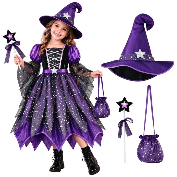 MuXiKeJi Clothes Light Up Witch For Girls Purple LED Witch Dress With Pointed Hat Star Wand & Candy Bag | Kids Glowing Halloween Witch Outfit for Trick or Treat Carnival Party Dress Up