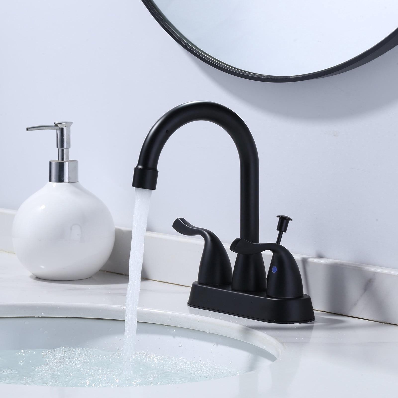 WOWOW Matte Black Bathroom Faucet, 2 Handle Basin Faucet, 4 Inch Centerset Bathroom Faucet with Drain Assembly and Supply Hoses, Bathroom Sink Faucet Black