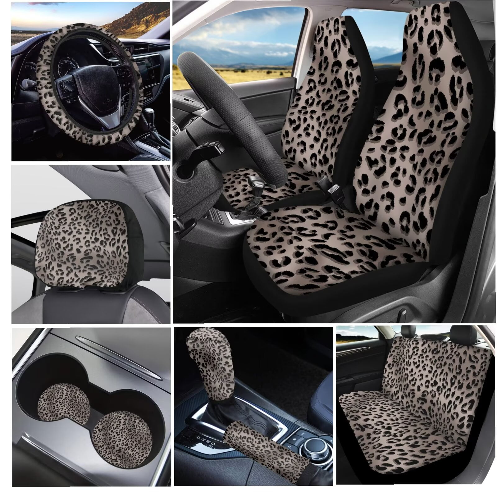 Garronmavis Grey Leopard Car Seat Covers Full Set with Steering Wheel Wrap Gear Shift Cover Handbrake Sleeve Headrest Protectors Cup Coaster Universal Fit for Most Auto Sedan Van Truck