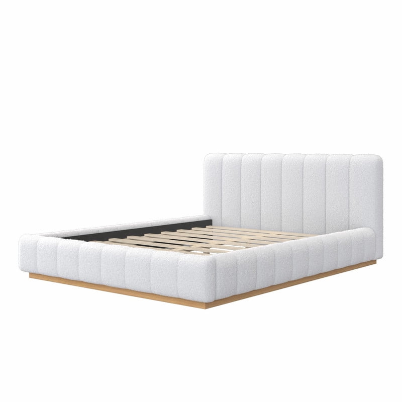 Queen Size Boucle Upholstered Bed Frame, Low Profile Wooden Platform Bed, No Box Spring Needed Floor Bed with Padded Headboard