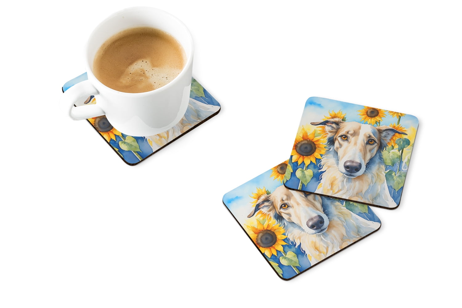 Borzoi in Sunflowers Foam Coasters 3.5 in x 3.5 in
