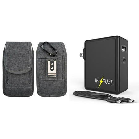 Pouch and Wall Charger Bundle for Alcatel TCL 30 Z: Vertical Belt Holster Case Nylon Fabric (Grey) and 45W Dual USB Port PD Power Delivery Type-C and USB-A Power Adapter