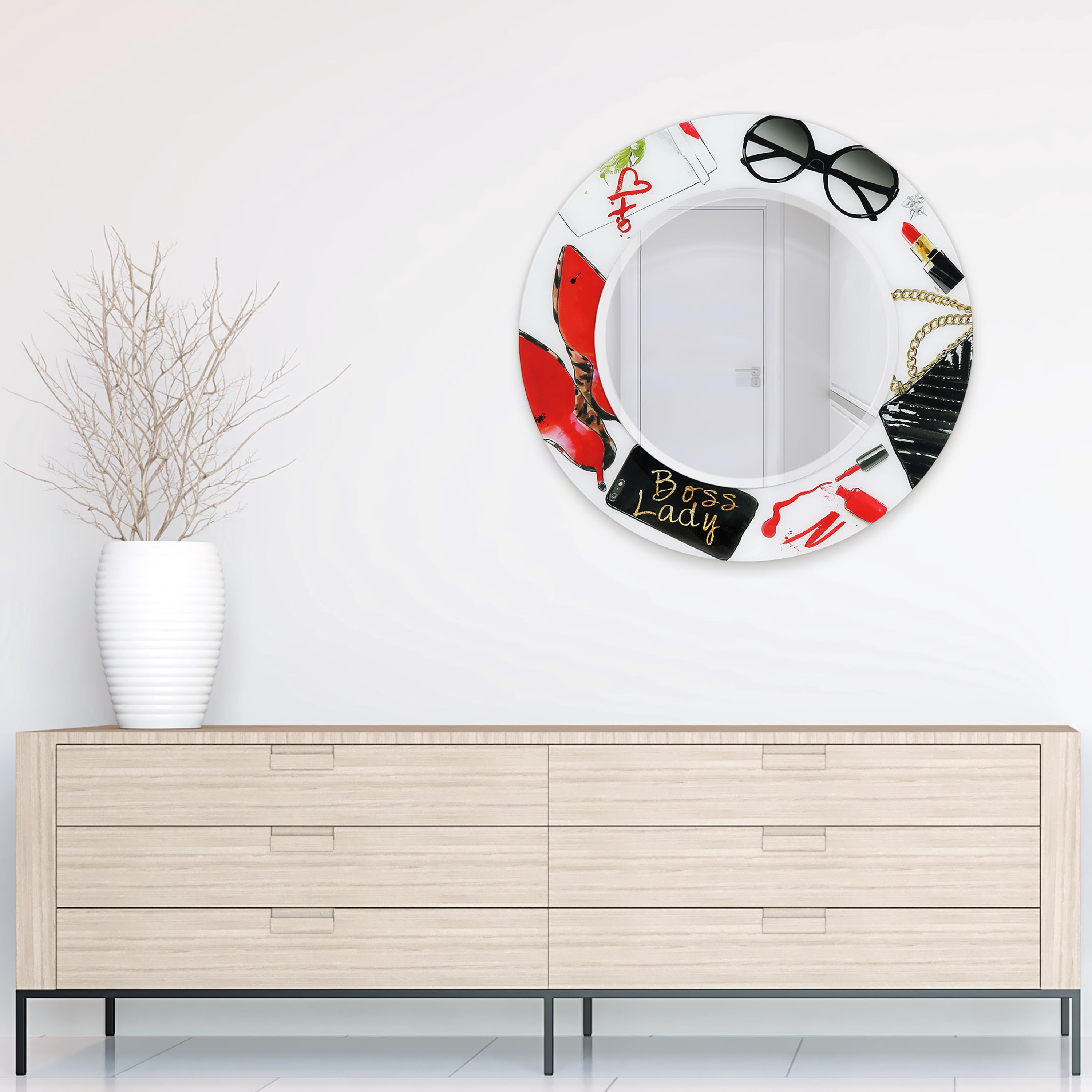 Empire Art Direct TAM-JP802-3636R-2424R 36 x 36 in. Boss Lady Round Beveled Mirror on Free Floating Reverse Printed Tempered Art Glass