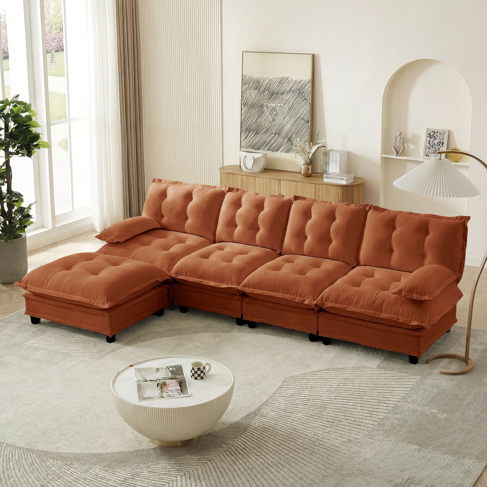 MAYEERTY 138 Inch L-Shaped Sectional Sofa with Ottoman, 4-Seater Deep Seat Modular Couch for Living Room Bedroom Apartment