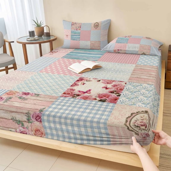 Queen Size Fitted Sheet Set - Vintage Patchwork 3 Piece Bedding Sets 16" Deep Pocket Fitted Sheet with 2 Pillowcases, Country Floral Farm Checkered Wooden Plank Brushed Microfiber Hotel Bed Sheets
