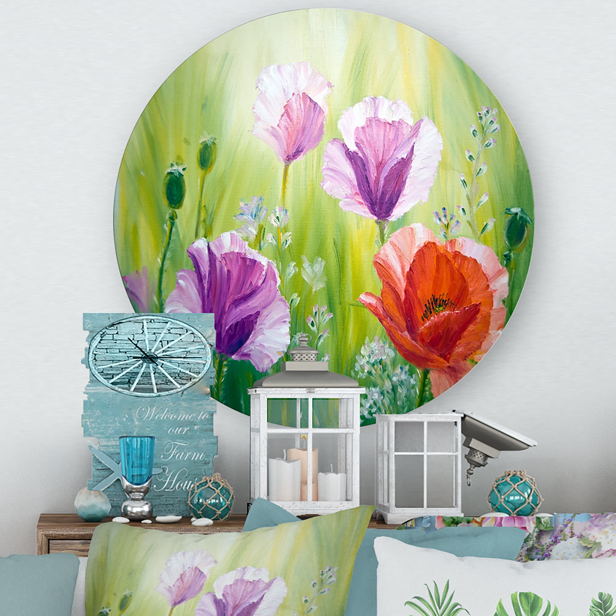 Designart 'Blossoming Red and Purple Poppies In The Morning II' Traditional Circle Metal Wall Art 23x23 - Disc of 23