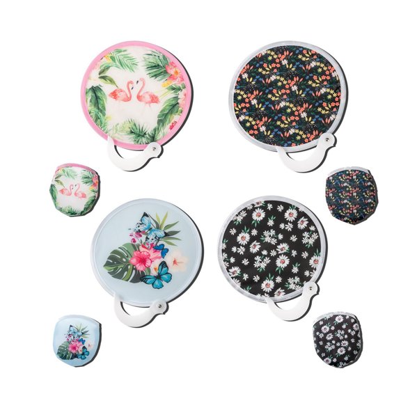 4pcs Pack Foldable Round Hand Fan 9.3 Inch 23.7cm Portable Flying Disc Polyester Fabric with Spring steel Circle and Handle, Summer Cooling Decorative Fan for Party, Wedding & Daily Use