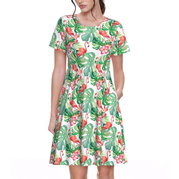 Balery Flamingo And Monstera Vestidos sueltos de manga corta para mujer, vestidos de verano 2025, vestidos casuales de corte A con vuelo.