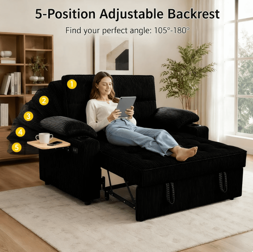 58" Sleeper Sofa Bed, Full Size Pull Out Couch, Convertible Loveseat Sofa with 5-Level Adjustable Backrest, USB Charging Ports, Cup Holders & Foldable Side Table, for Living Room, Apartment & Office