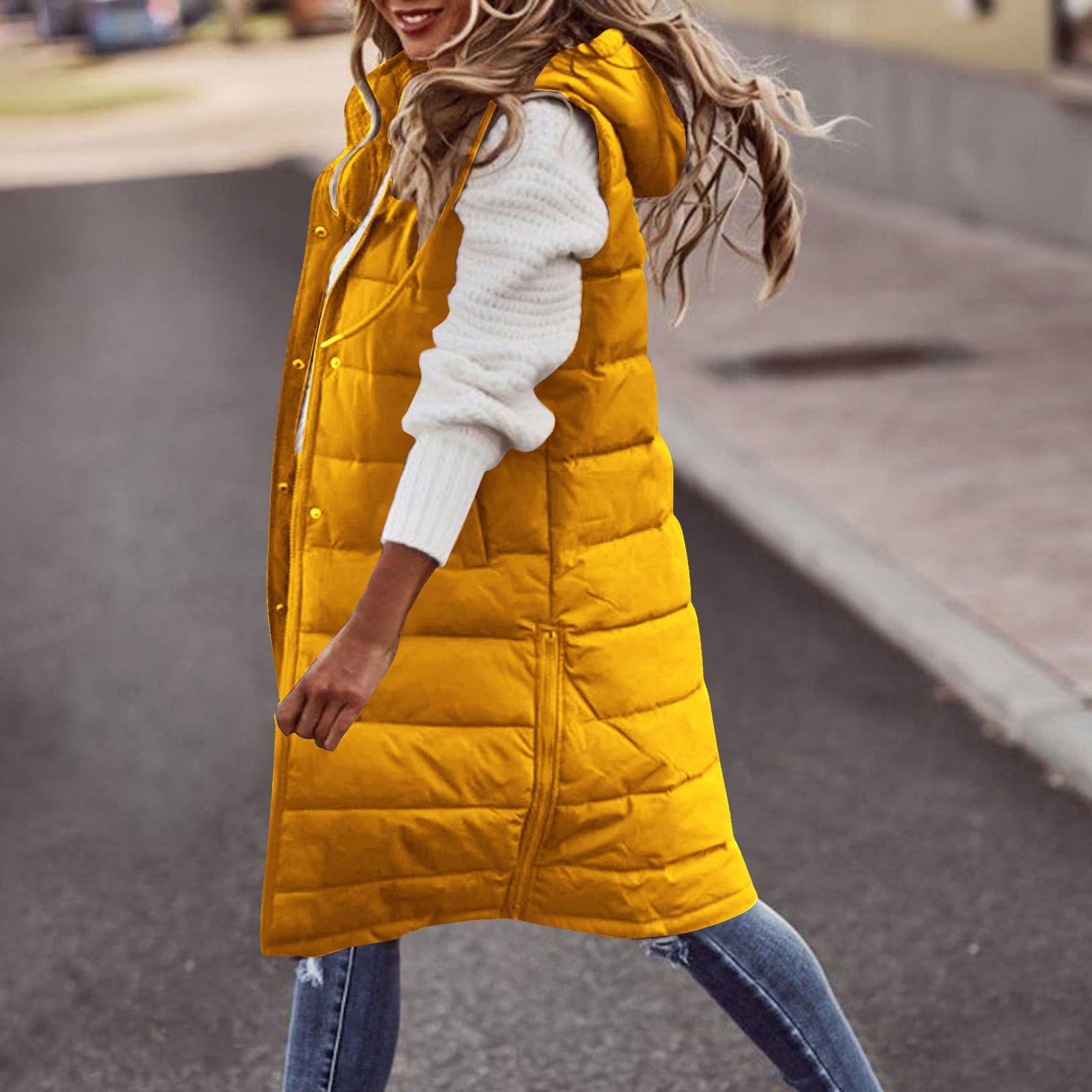 Womens Puffer Vest Sleeveless Hooded Long Quilted Vests Zip Up Lightweight Puffy Winter Jackets Gilet with Pockets