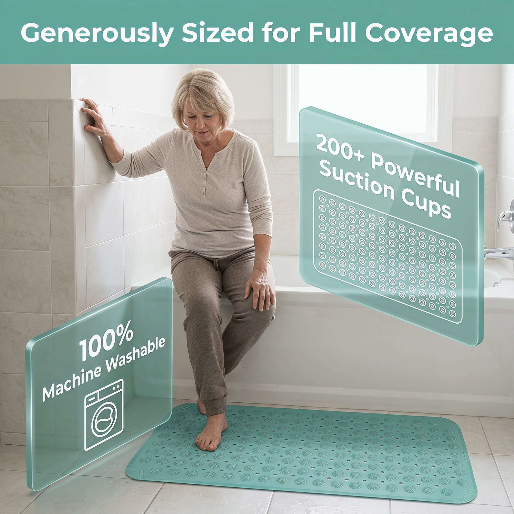 Unique Bargains Non Slip Quick Dry Machine Washable Bath Tub Mat Green 32" x 16"