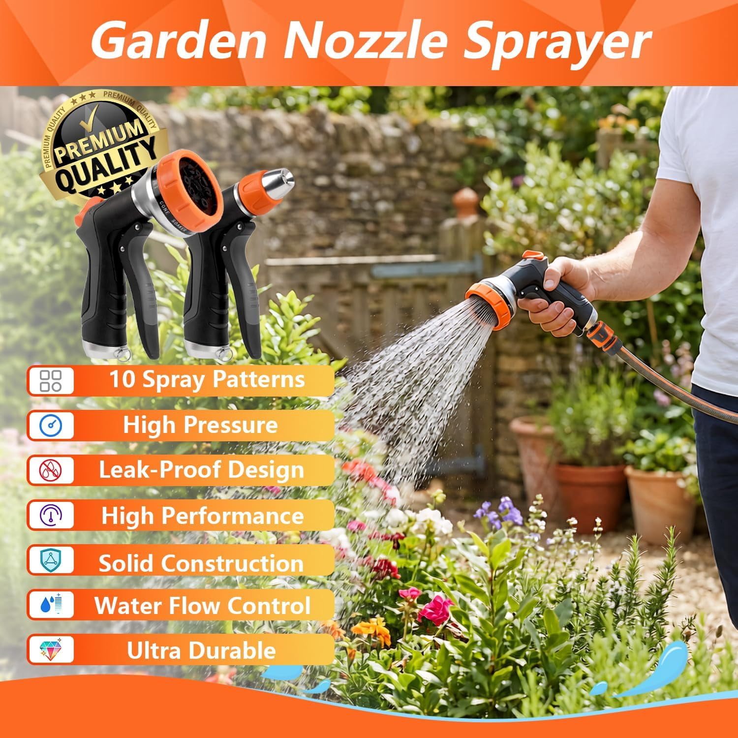 2 Pack Garden Hose Nozzle: High Pressure Water Hose Sprayer with 10 & 2 Spray Patterns - Lightweight & Rust-Proof Handheld Spray Gun (Black)