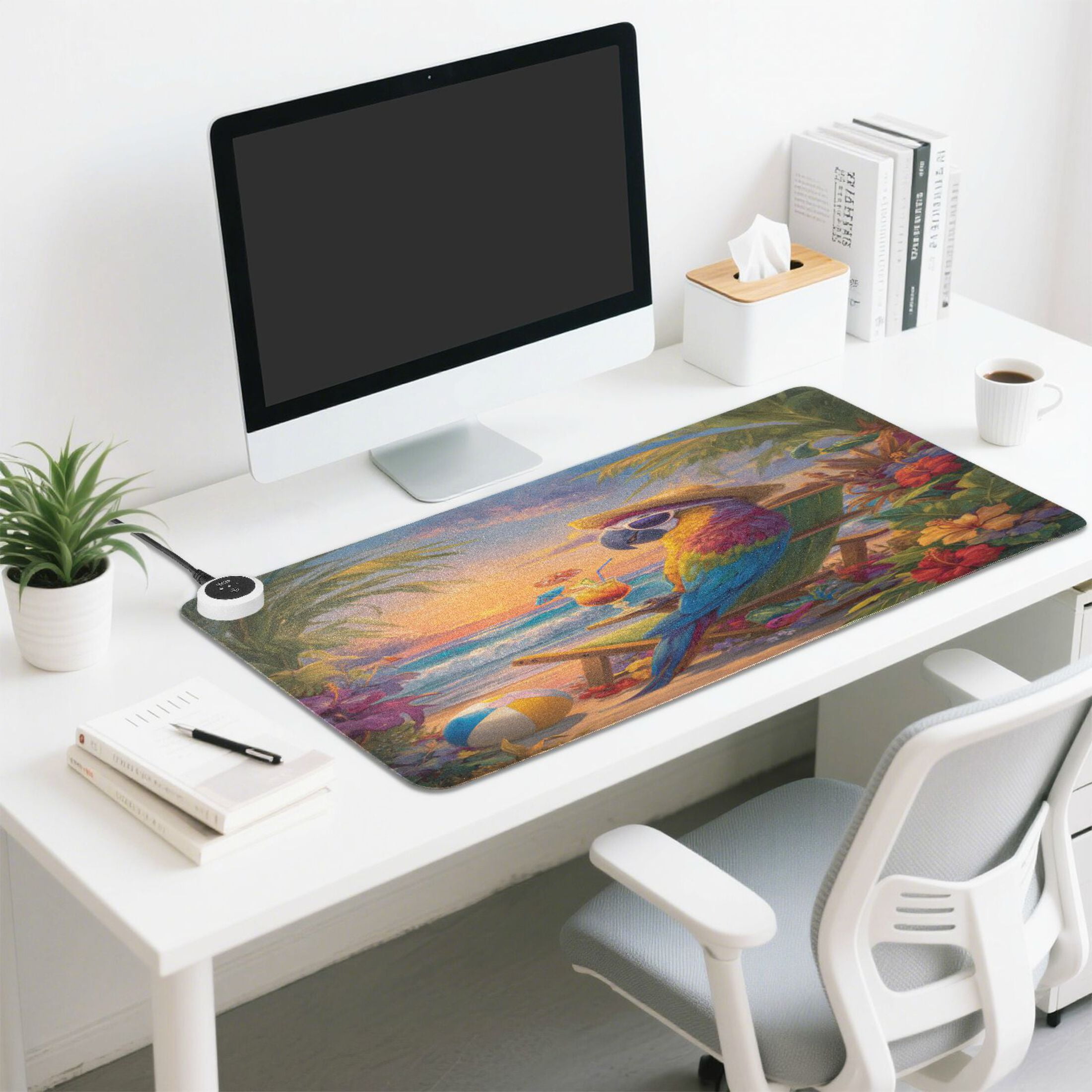 Wobogo Beach Parrot Heated Mouse Pad Extra-Large Desk Mat With 3 Heating Levels and 3-hour Auto Shut-Off Protection Ideal for Computer Keyboards Home Office Hand-warming Essential 31.5in × 13in