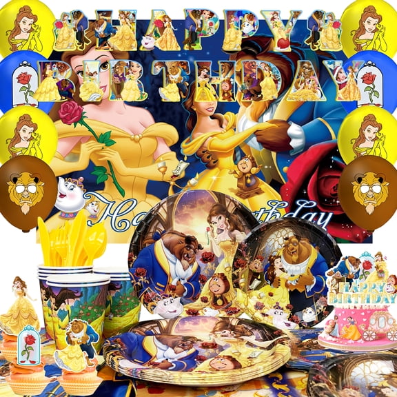 98Pcs Beauty and Beast Birthday Party Decorations & Beauty and Beast Themed Tableware Set-Beauty and Beast Plates Cups Tablecloth Balloons Backdrop etc Beauty and Beast Birthday Supplies for Girls