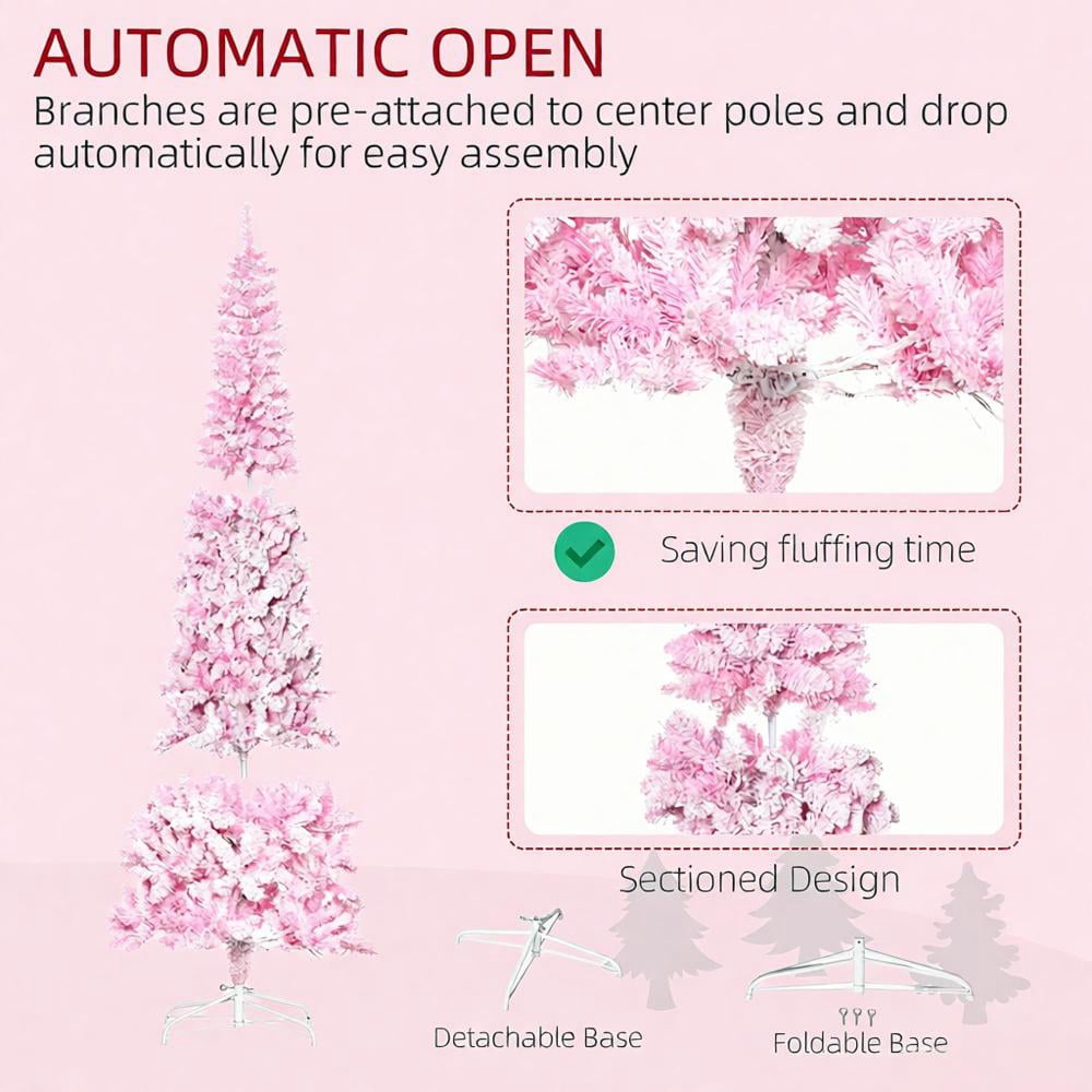 7.5ft Prelit Pink Snow Flocked Christmas Tree 700 Tips 350 LED Lights Auto-Open Branches Indoor Decor