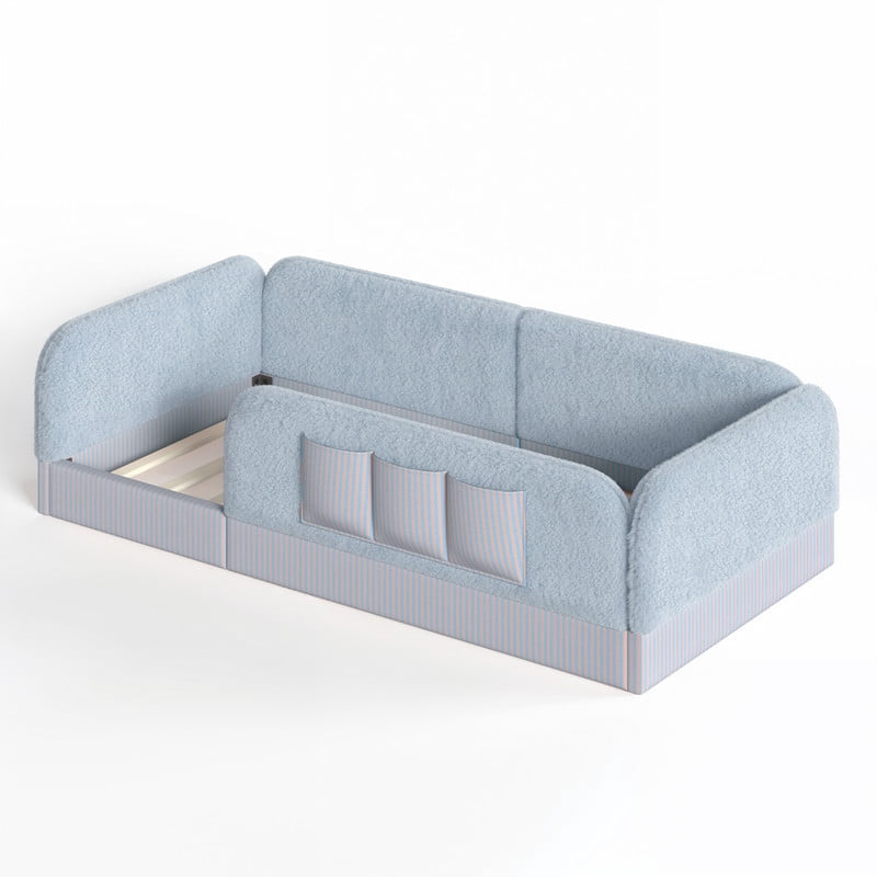 Twin Size Kid's Upholstered Floor Bed Frame, Montessori-Style Low Profile Platform Bed with Safety Guardrail & Storage Pockets